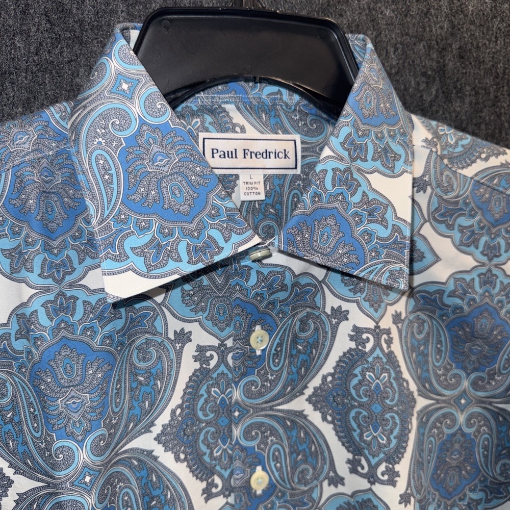 Paul Fredrick Trim Fit Men's Dress Shirt Large Blue Paisley Cotton‎ Button Down
